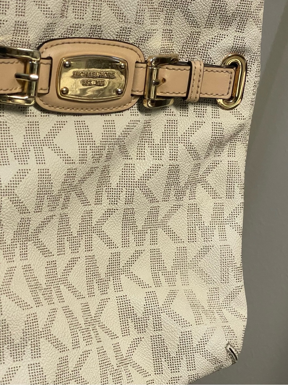 Michael Kors Cream Logo Tote with Beige Trim and Gold Hardware